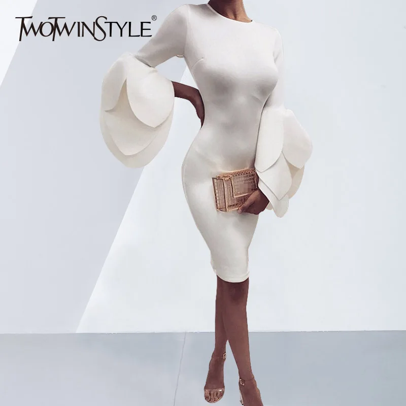 

TWOTWINSTYLE Ruffles Dress Ladies O Neck Petal Sleeve Slim Bodycon Sexy Midi Dresses Plus Size Spring Fashion Elegant Clothing