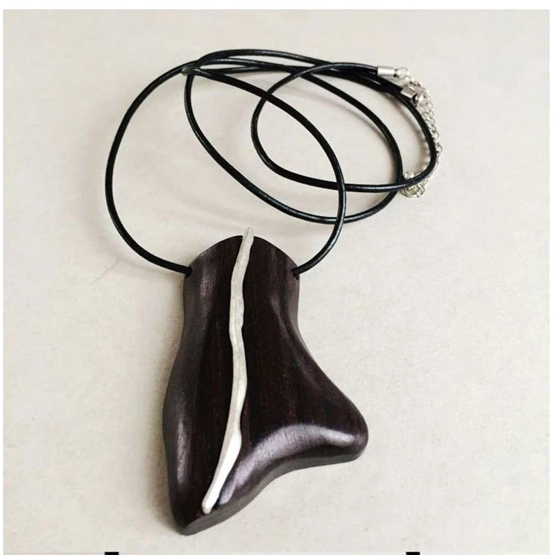 Ethnic Ebony Wooden Pendant Necklace Black Leather Minimalist Wood