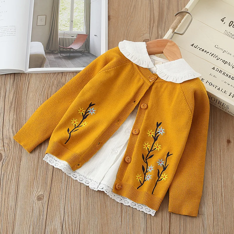 

New Fashion 2019 Spirng Baby Girl Long Sleeve Knitted Wear Children Princess Sweater Floral Embroidery Cardigan Sweater For 2-8Y