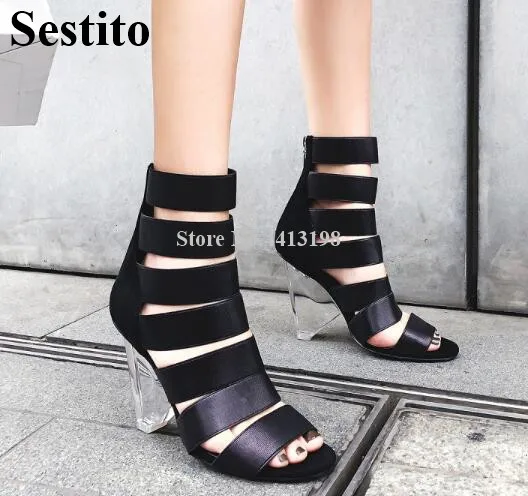 

Sestito Summer Women Boots Hollow Crystal Strange Style Zip Peep Toe Cover Heel Spring/Autumn European Temperament Women Shoes