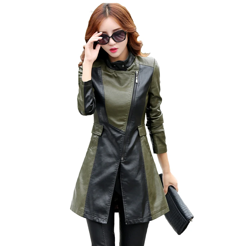

2019 spring autumn new leather women's long section collar PU leather windbreaker Slim thin leather jacket shirt women's jacket