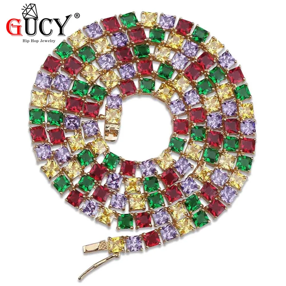 

GUCY Hip Hop Necklace Gold Silver Color Plated 4mm Micro Pave Multi CZ Stones 1 Row Rainbow Square Tennis Chain Necklace Gift
