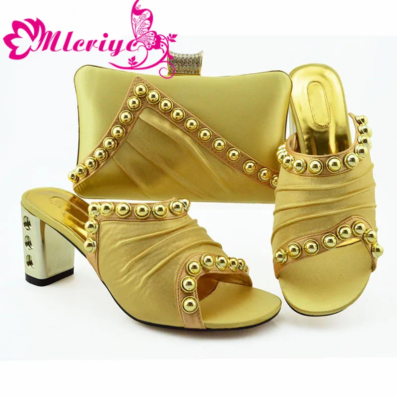 

2019 New Gold Color Women Wedding shoes with matching bags bride High heels platform shoes Ladies shoe and bag set