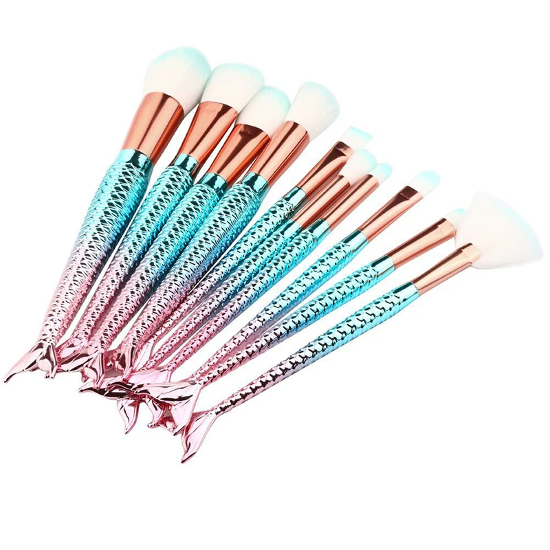 On Sale 10 Pcs Professional Makeup Brush Set Big Fish Tail Powder Foundation Brush Rainbow