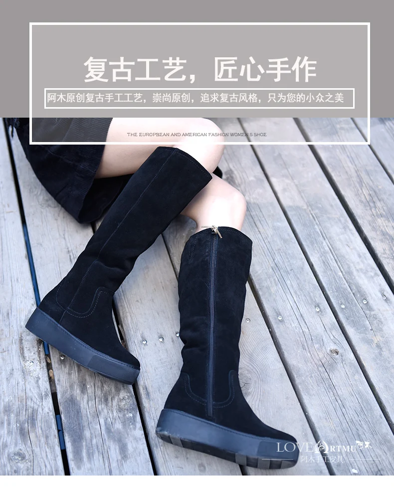 Artmu/модные женские зимние сапоги; кожаные сапоги ручной работы; черные женские сапоги до колена на молнии в уличном стиле на плоской платформе 36,5 см