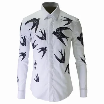 

Autumn Creative hand-painted flying-swallow embroidery shirt men trendy long sleeve shirt mens fashion casual white shirts male
