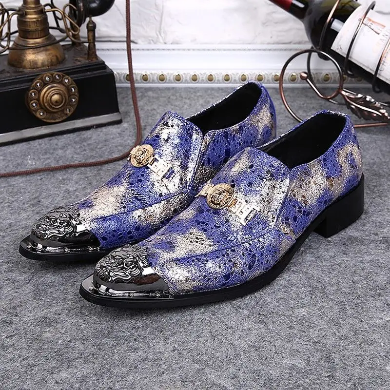 

Plus Size 2016 New Fashion Genuine Leather Glitter Formal Man Pointed Toe Slip on Flats Punk Rock Men's Party Boat Shoes FPT443
