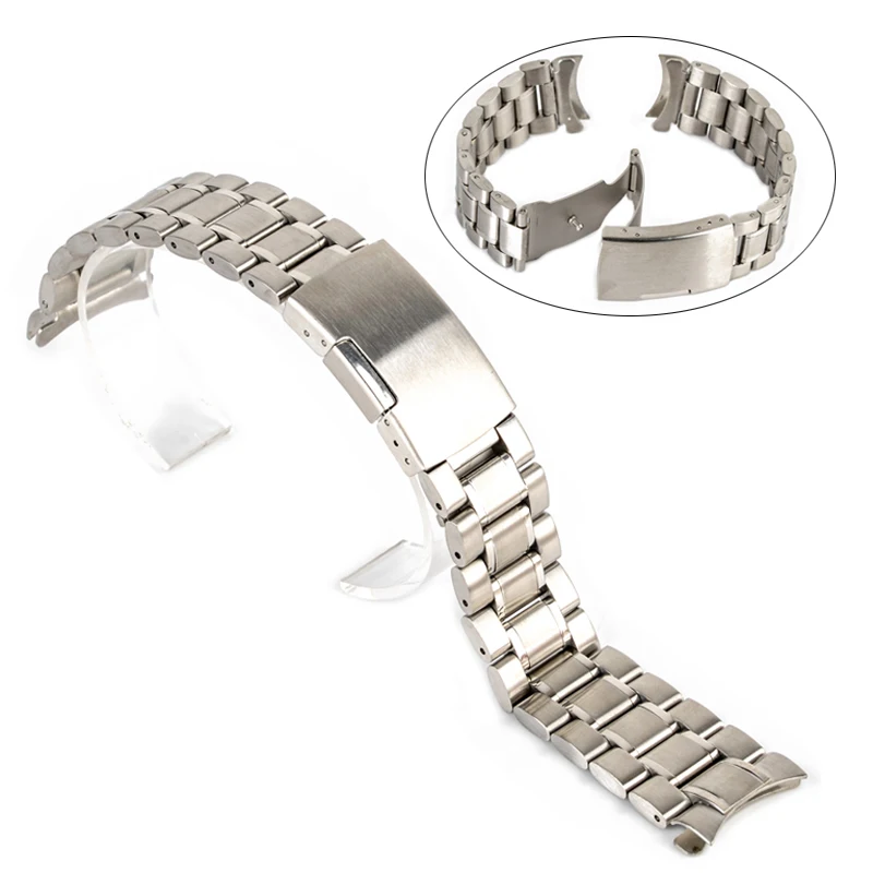 18/20/22/24mm Curved End Watch Band Unisex Stainless Steel Metal Wristwatch Strap Double Fold Deployment Clasp Bracelet 3 Colors
