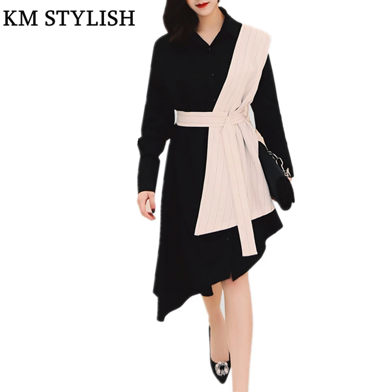 2018 Autumn New Tie-up Belt Waist Long section Irregular Black & White Shirt Dress Two-piece Women's Clothing Explosion Dresses