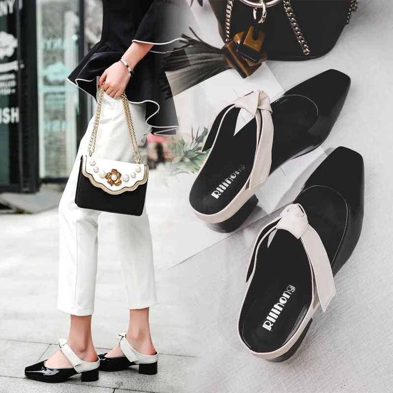 

Roman closed toe mules slipper ladies japanned leather hollow out thick heels outing trendy lazy slides bow-knot leisure shoes
