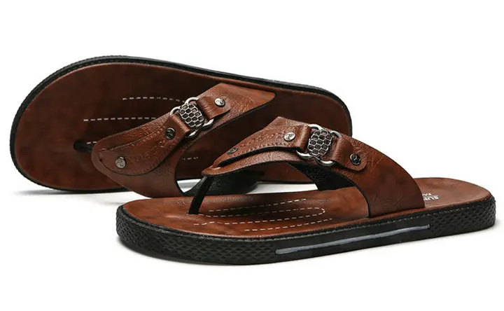 New Arrival Leather Men Beach Slippers Fashion Flip Flops With Soft Sole Trendy Breathable Men Beach Summer Shoes (6)