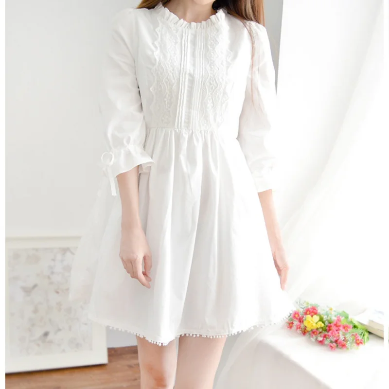 

Fashion Strap Long Sleeve Tie Straps Loose Dress White Lace Dress Spring Autumn Sweet Dress