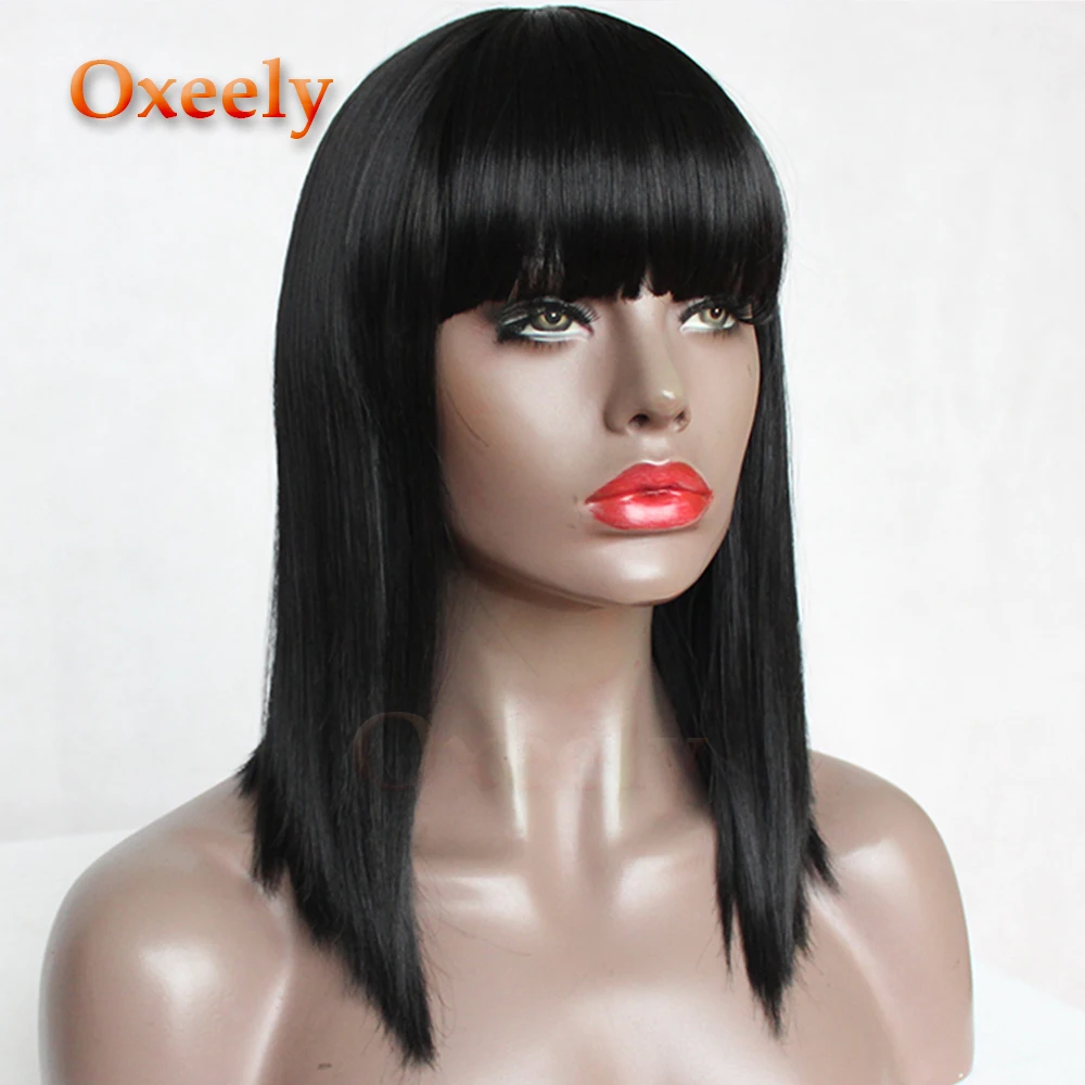 Oxeely BOB Cut Hair Synthetic Hair Full Wigs Black Color Short Bob Straight Wig with Full Bangs None Lace Wig for Beauty Women