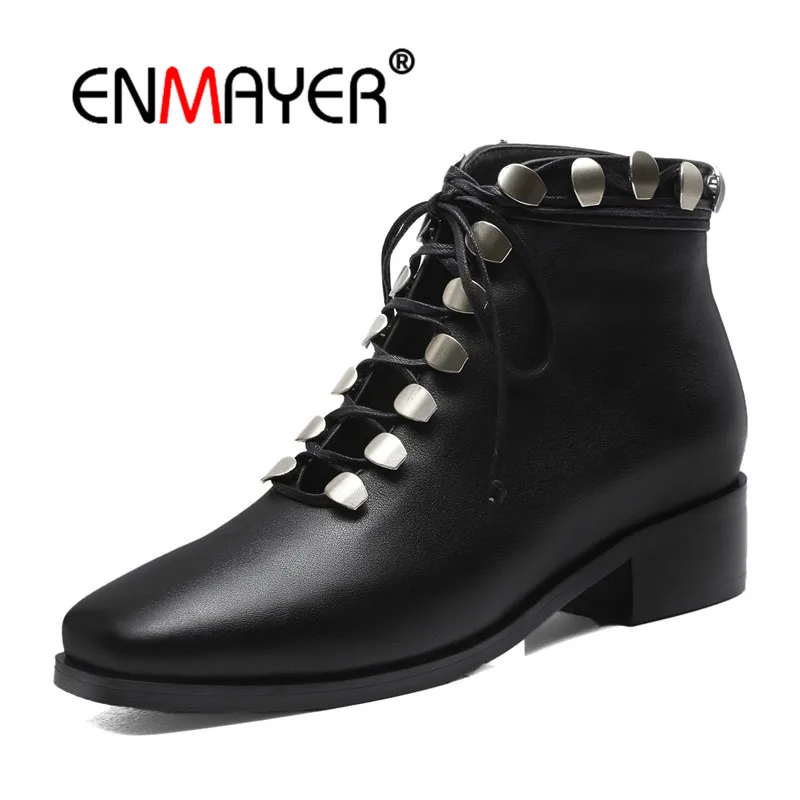 

ENMAYER Real leather Ankle boots shoes Winter Ladies Fashion boots Size 34-39 Causal Square Toe Med Thick heels Rivets CR1085