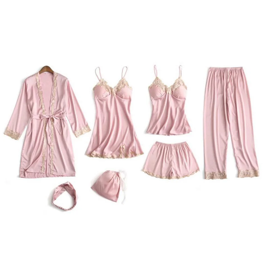 7 шт шелковый атлас Для женщин пижамный комплект Женская сексуальная пижама комплект пижамы летние домашние ночная рубашка для Для женщин с груди Pad 934 - Цвет: pink