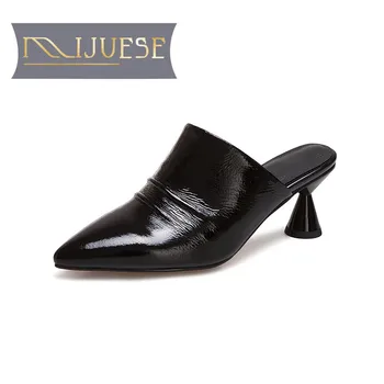 

MLJUESE 2018 women slippers Genuine leather slip on Black color pointed toe high heels sandals women size 34-40