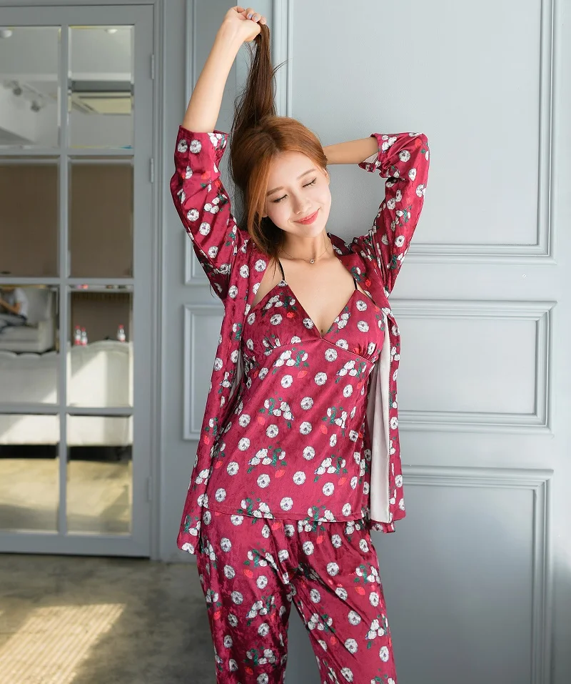 Burgundy Red pleuche prints sleepwear 3pcs 1