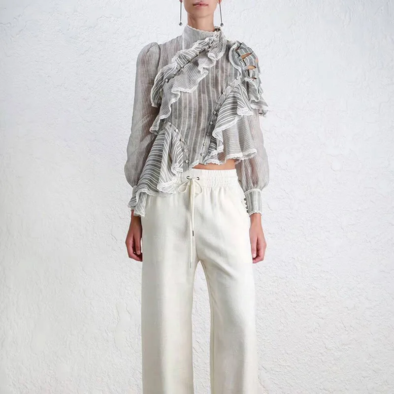 

High Quality 2018 Spring Casual Stripe Patchwork Long Sleeve Off The Shoulder Top Ruffle Women Irregular Shirt