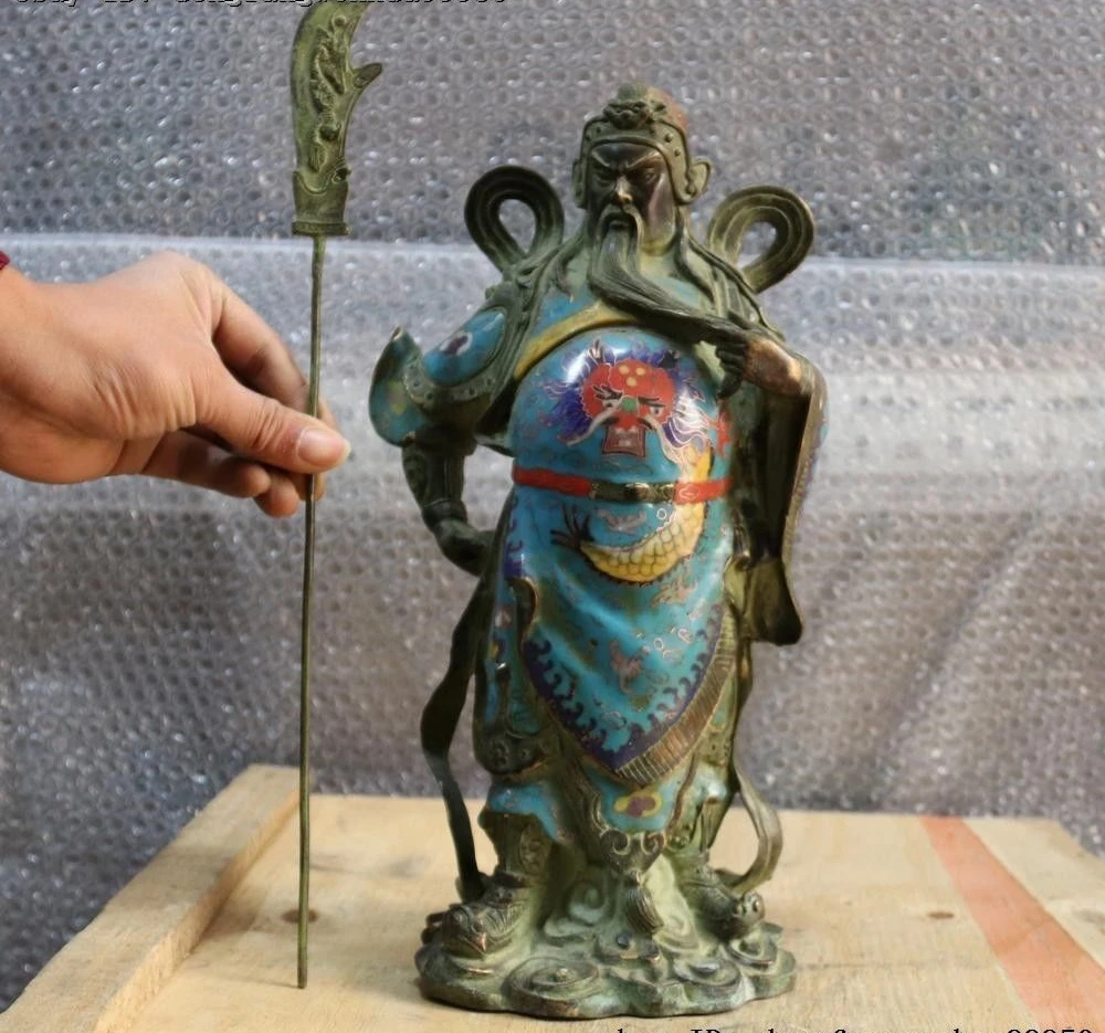 

Folk Old Cloisonne Enamel Copper Bronze Guangong Guan Gong Yu Warrior God Statue