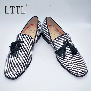 

LTTL Italy Fashion Black And White Knitting Pattern Leather Loafers Men Tassel Loafer Shoes Wedding And Party Dress Shoes