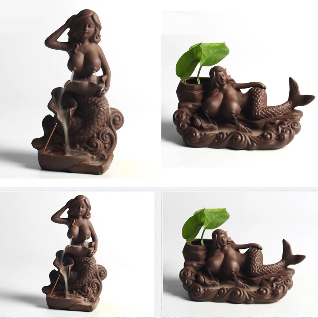 Ceramic Brown Mermaid Incense Burner Statue Burner Figurine Statue Home Decor Tea House Bedroom Table Decoration Great as Gift 