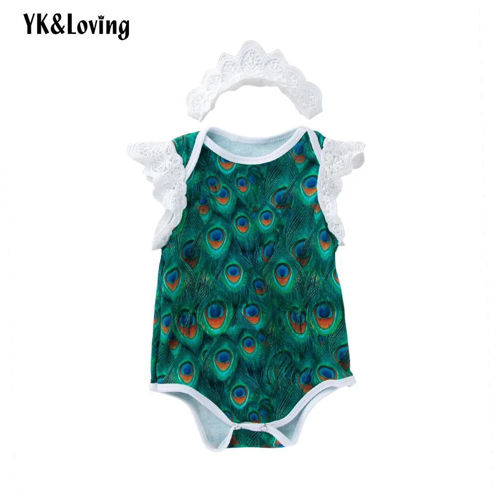 

YK&Loving Baby Girl Rompers Angel Wing Sleeveless Deep Green Cotton Newborn Baby Clothing Girl Rompers Printed Peacock Pattern