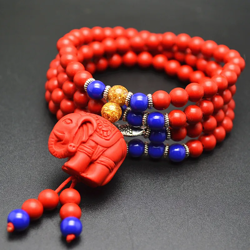 

Buddhist Style 108 6mm Red Cinnabar Round Beads Cute Elephant Charm Multi Rows Mala Man Bracelet for Party Gift