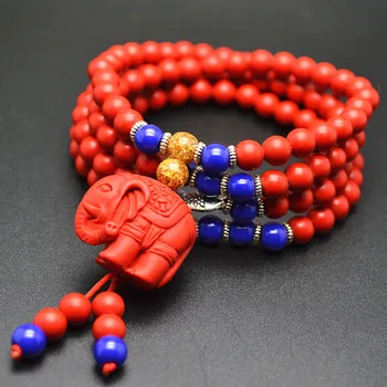 

Buddhist Style 108 6mm Red Cinnabar Round Beads Cute Elephant Charm Multi Rows Mala Man Bracelet for Party Gift