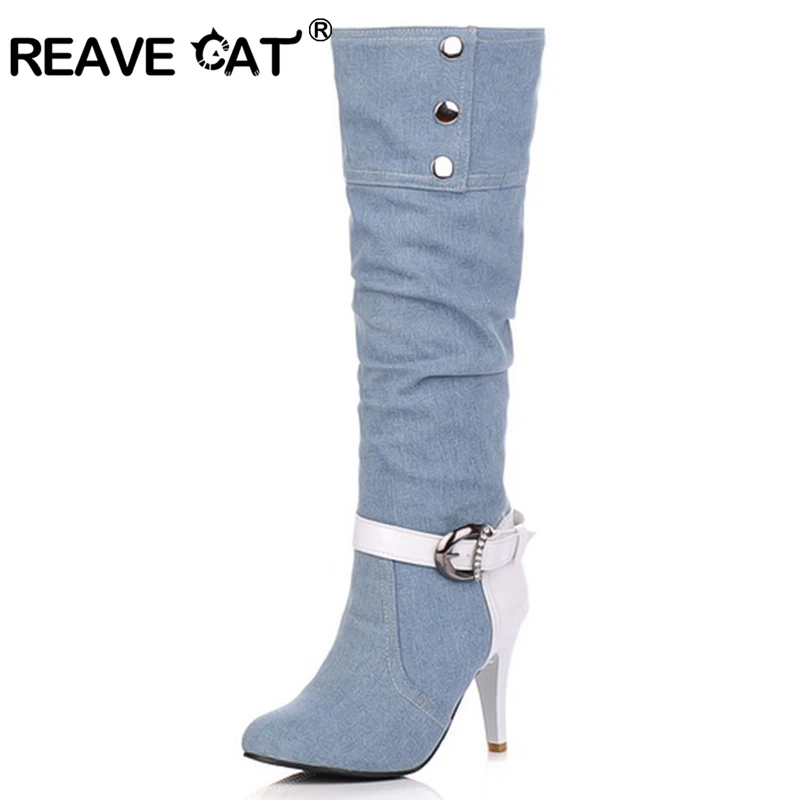 Женские джинсовые сапоги до колена REAVE CAT зимние из джинсовой ткани с острым