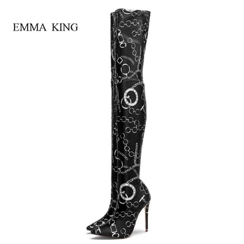 

Autumn Printed Chains Stretch Thigh High Boots Women Black High Heels Fashion Catwalk Pointy Toe Over Knee Boots Women's Shoes