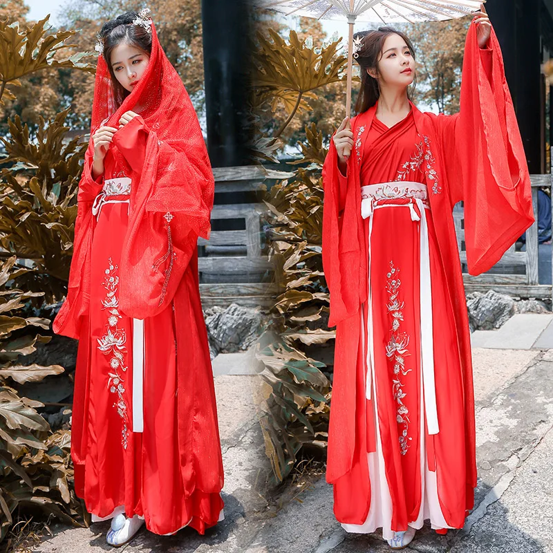 Красный Hanfu для женщин вышивка танцевальный костюм Китайский фестивальный наряд народная сценическая одежда Восточное сказочное платье DF1014