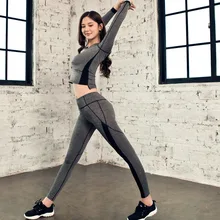New Women’s Yoga Sets Fitness Sportswear Suits Long Sleeve Yoga Shirts Running Gym Yoga Top And Elastic yoga legging Gray 57