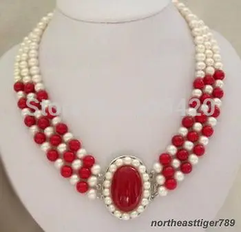 

3 Rows Real Freshwater White Pearl & Red Coral 18KWGP Clasp Pendant Necklace