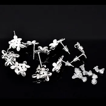 

10Pcs Silver Plated Flowers Four Leaf Clover Copper Earring Posts With Rubber Stopper Jewelry DIY Findings Charms 15x14mm