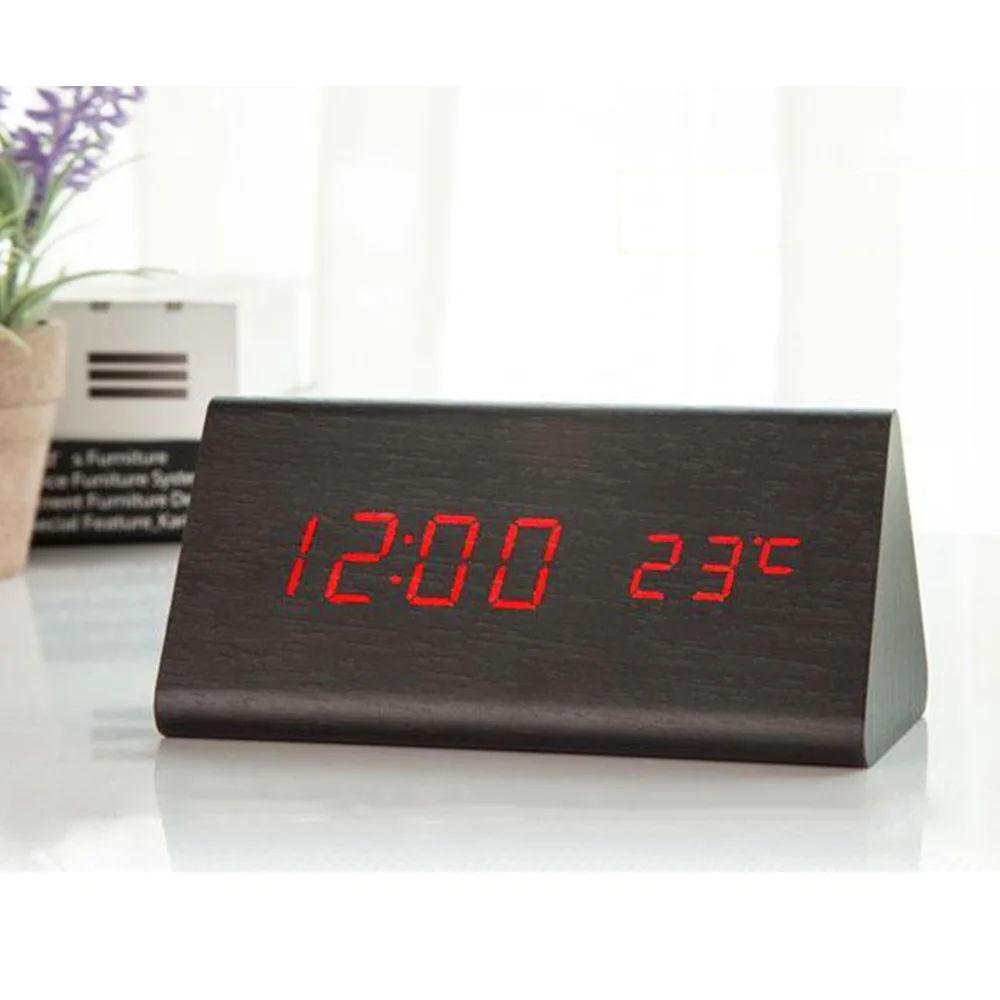 Cena Cyfrowy budzik pulpit drewno LED zegary świecące w ciemności kontrola dźwięku wyświetlacz elektroniczny termometr Home Decor prezent