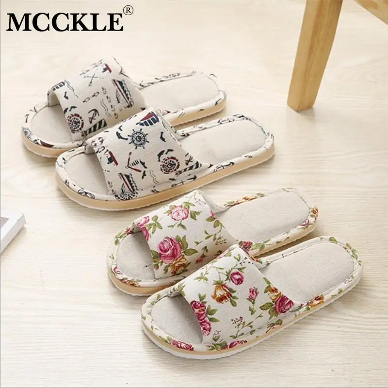 

MCCKLE Spring Summer Women Print Slippers Men & Women Linen Open Toe Slippers Female Casual Home Comfortable Bed Room Shoes