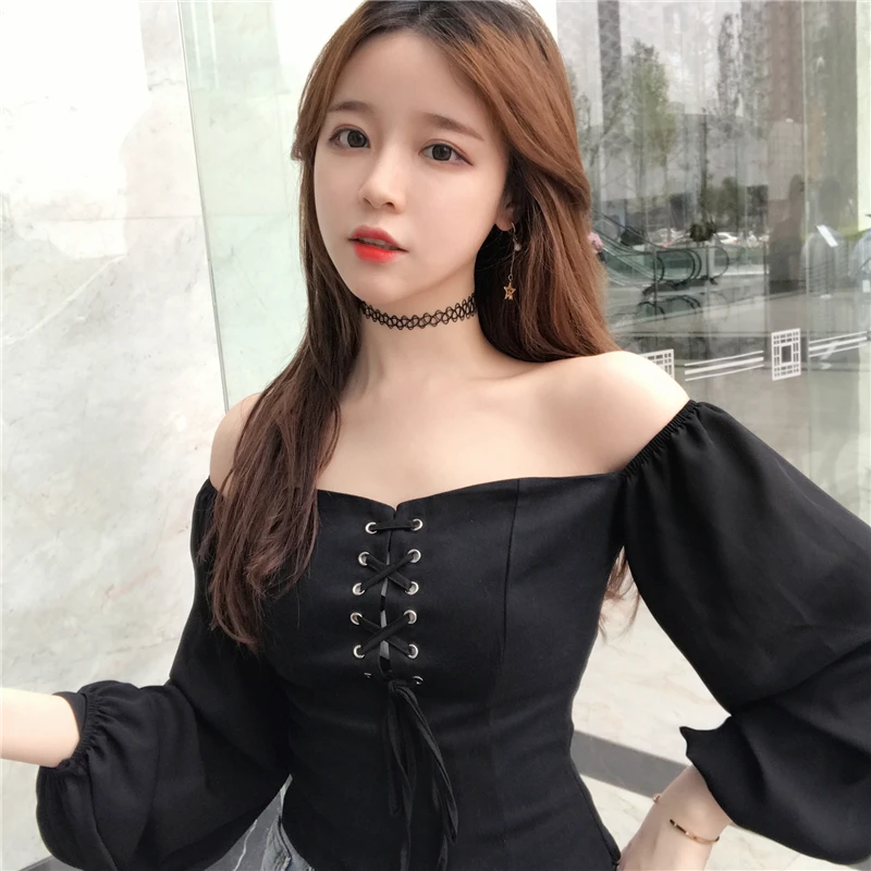 

Princess Slim Fit Lace Up Chiffon Blouse Vintage Lantern Sleeve Sexy Shirt Women Top Cropped Chemise Femme Chemisier Blusa Mujer