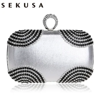 

SEKUSA Diamonds Metal Finger Ring Women Evening Bags Crystal Wedding Bridal Gift Handbags Party Day Clutches Purse