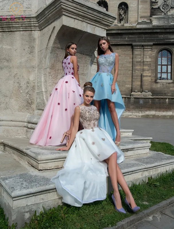

Candy Color Evening Dress Tulle Asymmetrical Short Front Long Back Floor Length O-neck Pink Sleeveless Appliques Prom Party Gown
