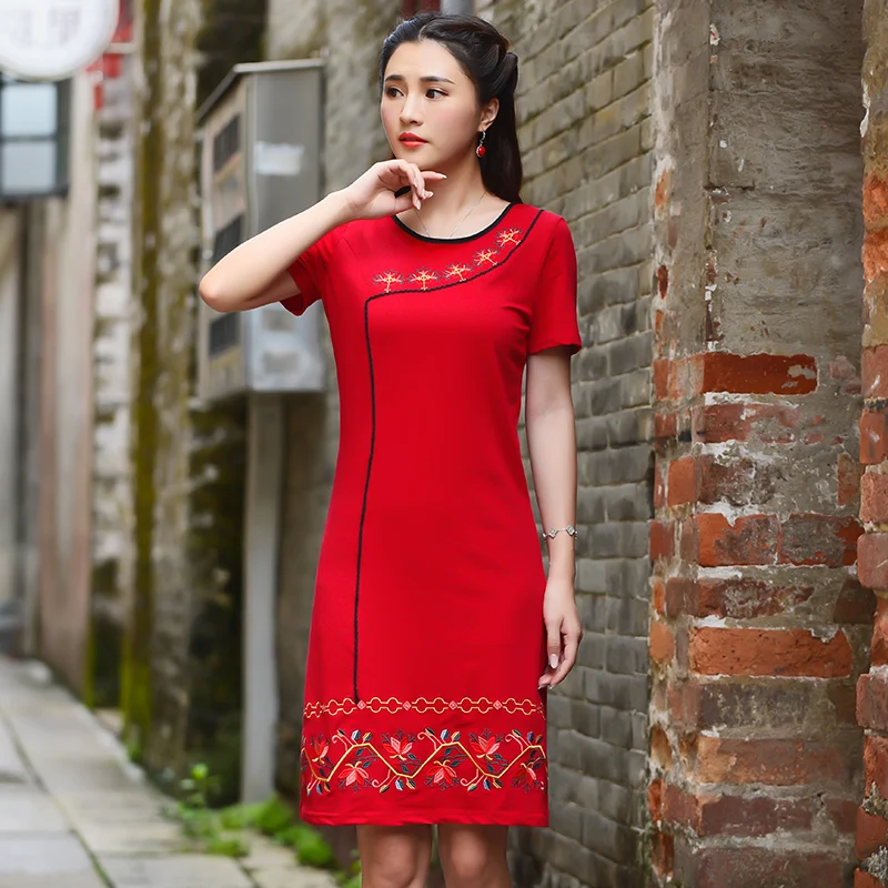 Женское платье с вышивкой KYQIAO vestidos de fiesta этническое красное черное круглым