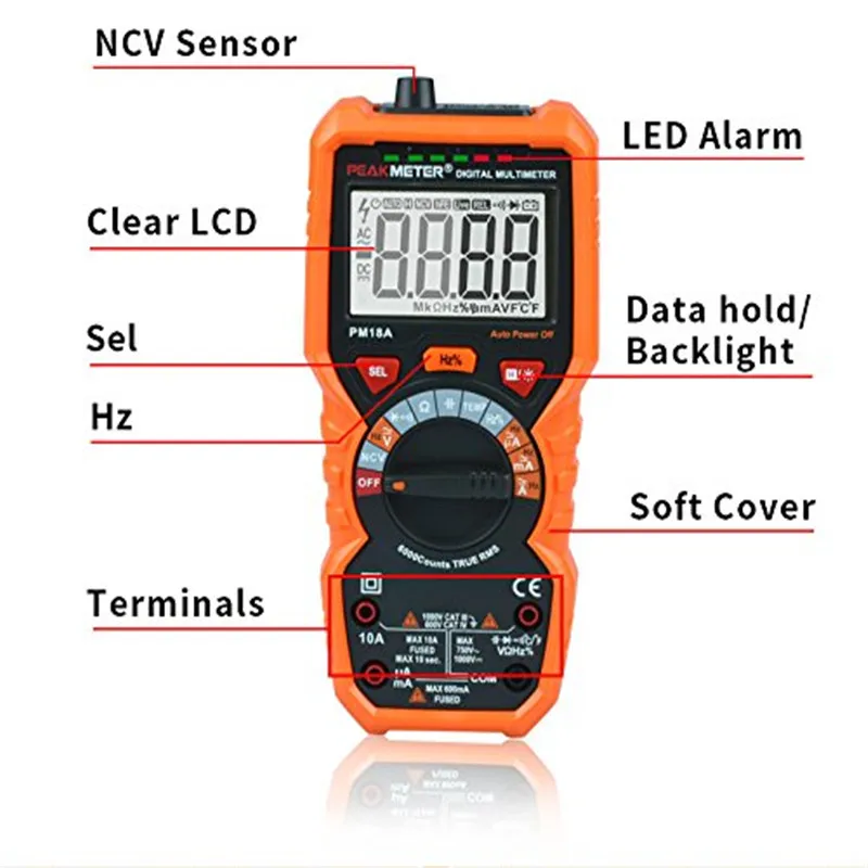 

PEAKMETER Multimeter Voltmeter Ammeter PM18A with True RMS AC DC Voltage Resistance Capacitance Frequency Temperature NCV Tester