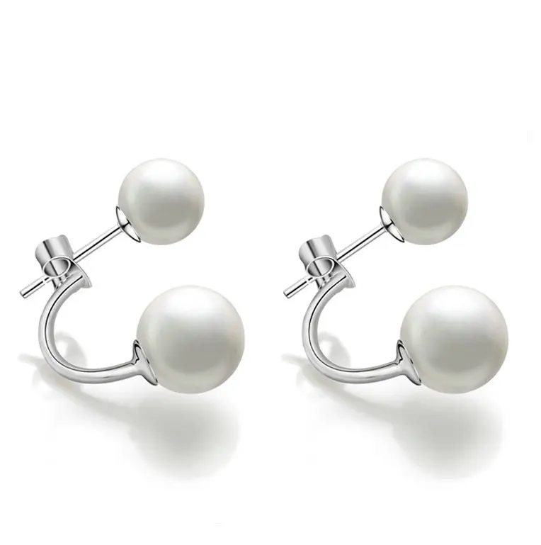 

Cheap New Arrival Fashion Pretty Ball Shape Pearl Wedding Earrings Double Side Beads Silver color Pearl Earrings For Women