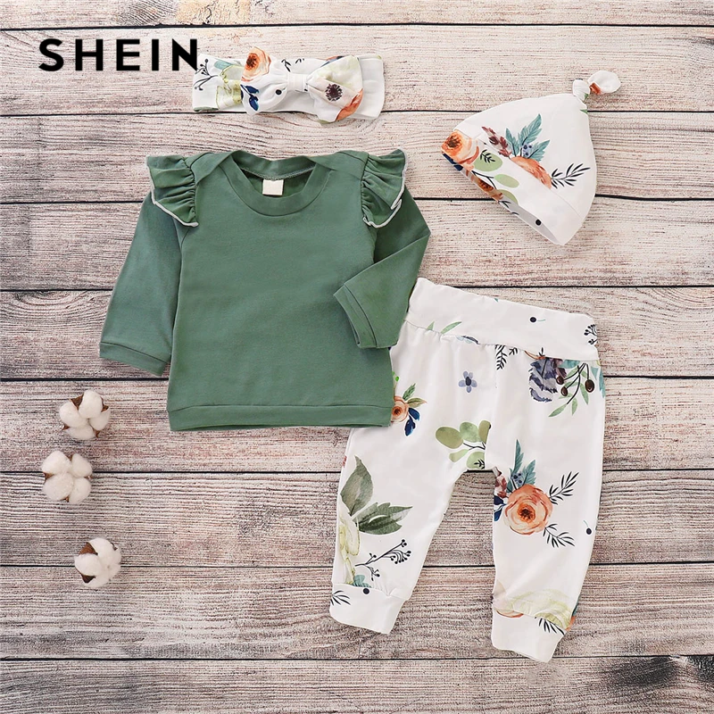 

SHEIN Kiddie Girls Green Frill Tee And Floral Print Pants With Headband And Hat Suit Set 2019 Spring Fashion Casual Kids Clothes