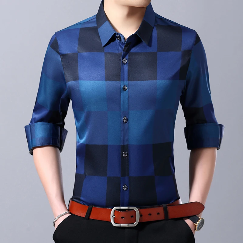 Cena MIACAWOR 2019 nowych moda koszula męska wysokiej jakości Plaid koszule biznesowe w stylu casual slim fit z długim rękawem Camisa społecznej masculina C431
