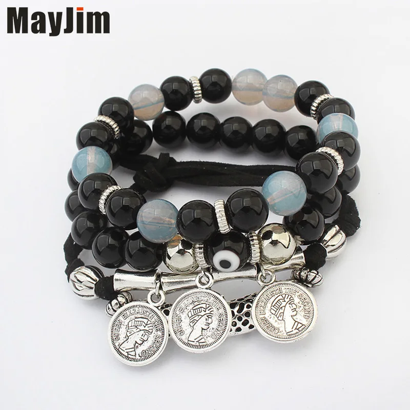 

MayJim 2017 Mixed color femme Charms Big Beads Coin Bracelet Vintage Fashion multilayer cuff bracelets & bangles for Women