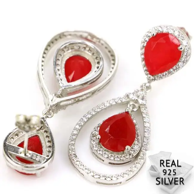 

Real 9.7g 925 Solid Sterling Silver Luxury Long Real Blood Ruby, CZ Woman's Earrings 42x17mm