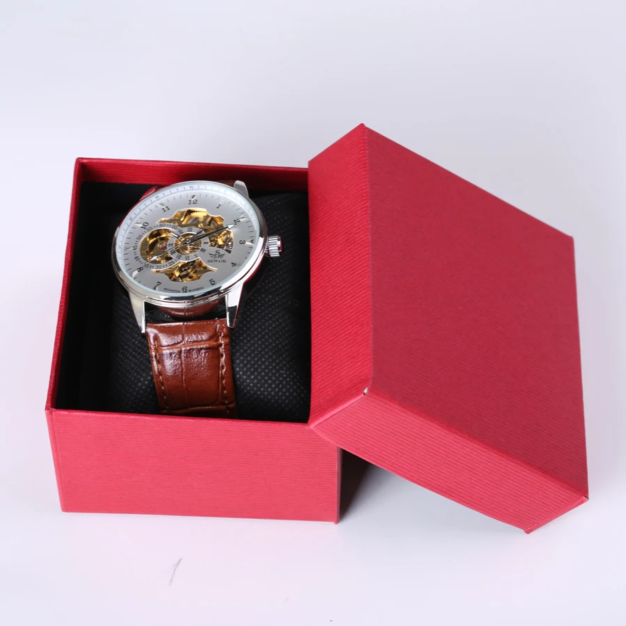 SEWOR Лидирующий бренд часы Классические Мужские автоматические механические часы с автоматическим заводом Аналоговые скелетоны коричневые кожаные мужские наручные часы