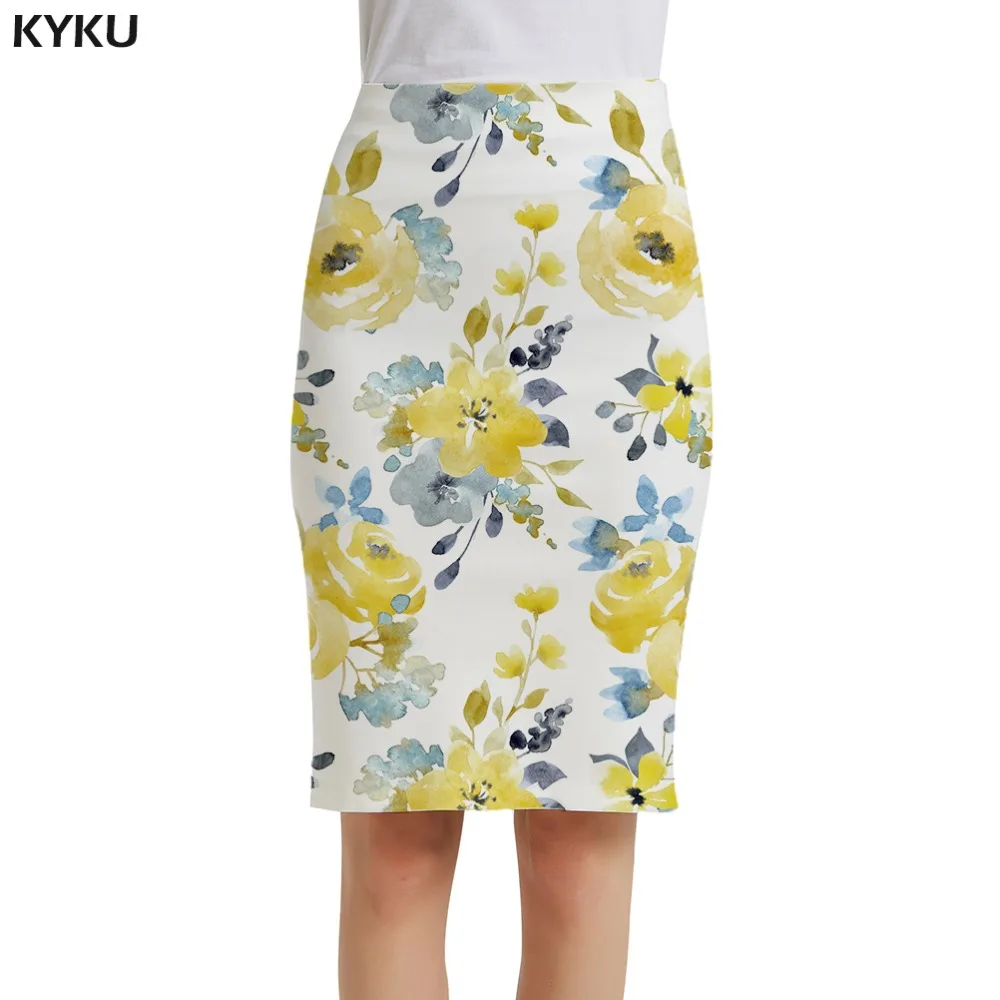 KYKU цветок юбки для женщин для белый повседневное живопись Офис лист карандаш 3d печати юбка дамы винтажная юбка мода