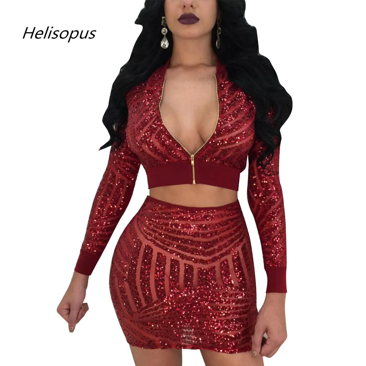 Helisopus Fashion Women Spring Autumn Sequins Two Piece Sets 4 Colors