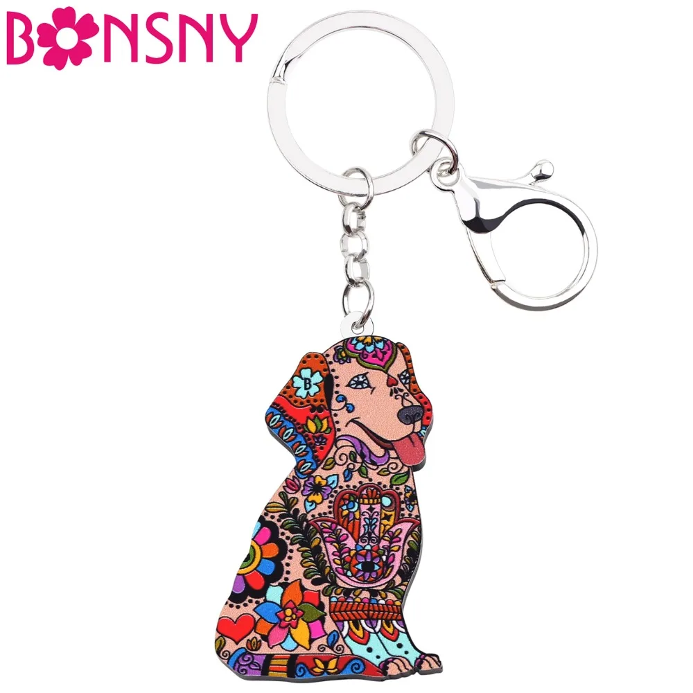 

Bonsny Acrylic Animal Dog Jewelry Labrador Key Chain Key Ring Pom Gift For Women Girl Bag Charm Ladies Pendant Jewelry Wholesale